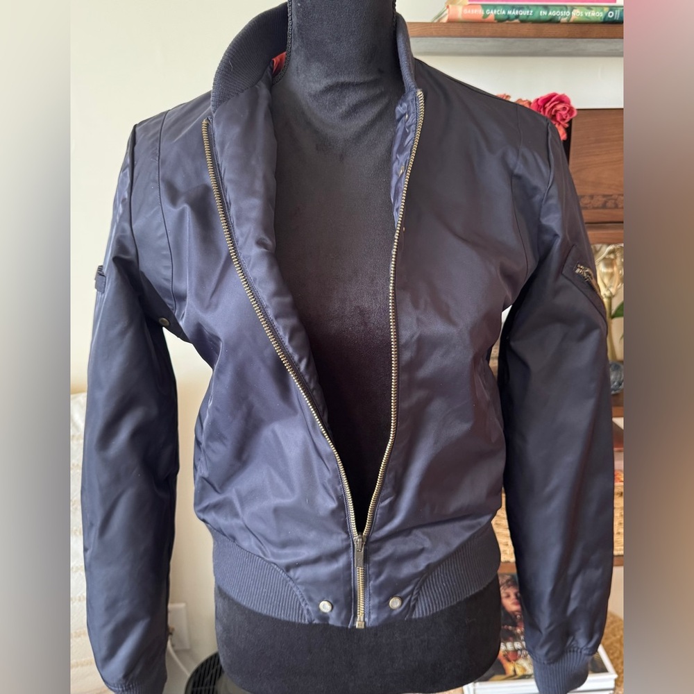 Black Rivet- Navy Bomber Jacket with Vibrant Orange Lining